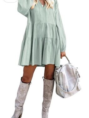 Women's Cream V-Neck Tiered Babydoll Mini Dress